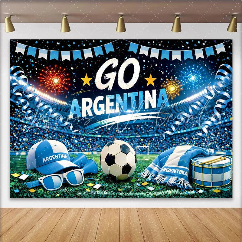 Lofaris Go Team Football Stadium Photography Backdrop with Blue and White Celebration Decor Sports Event Background for Party