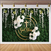 Lofaris God Bless Green Moss Wall Baptism Backdrop with White Flowers Elegant Golden Cross Background for Religious Events.
