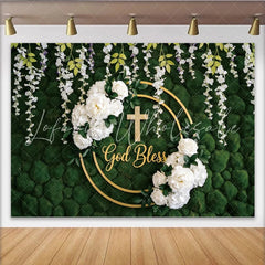Lofaris God Bless Green Moss Wall Baptism Backdrop with White Flowers Elegant Golden Cross Background for Religious Events.