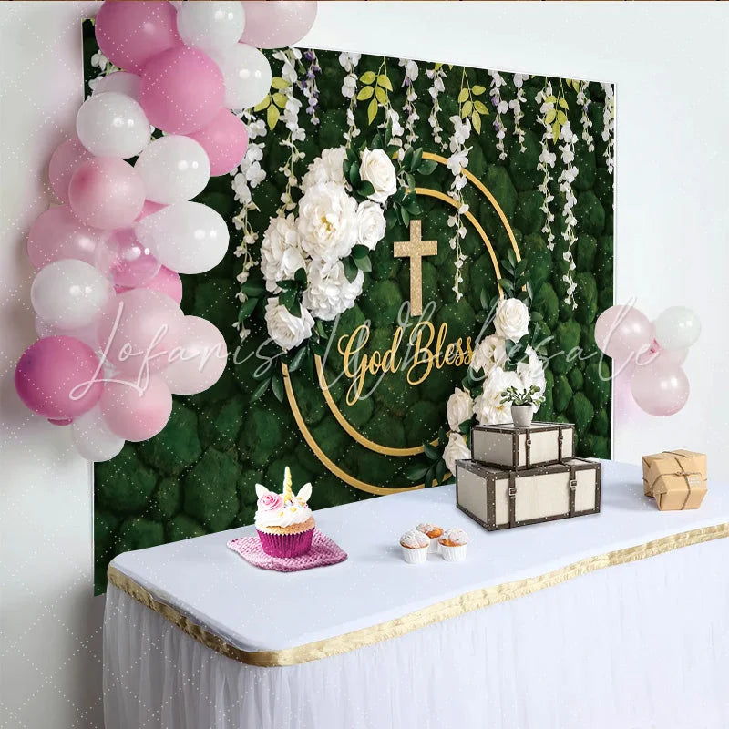 Lofaris God Bless Green Moss Wall Baptism Backdrop with White Flowers Elegant Golden Cross Background for Religious Events.