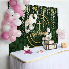 Lofaris God Bless Green Moss Wall Baptism Backdrop with White Flowers Elegant Golden Cross Background for Religious Events.