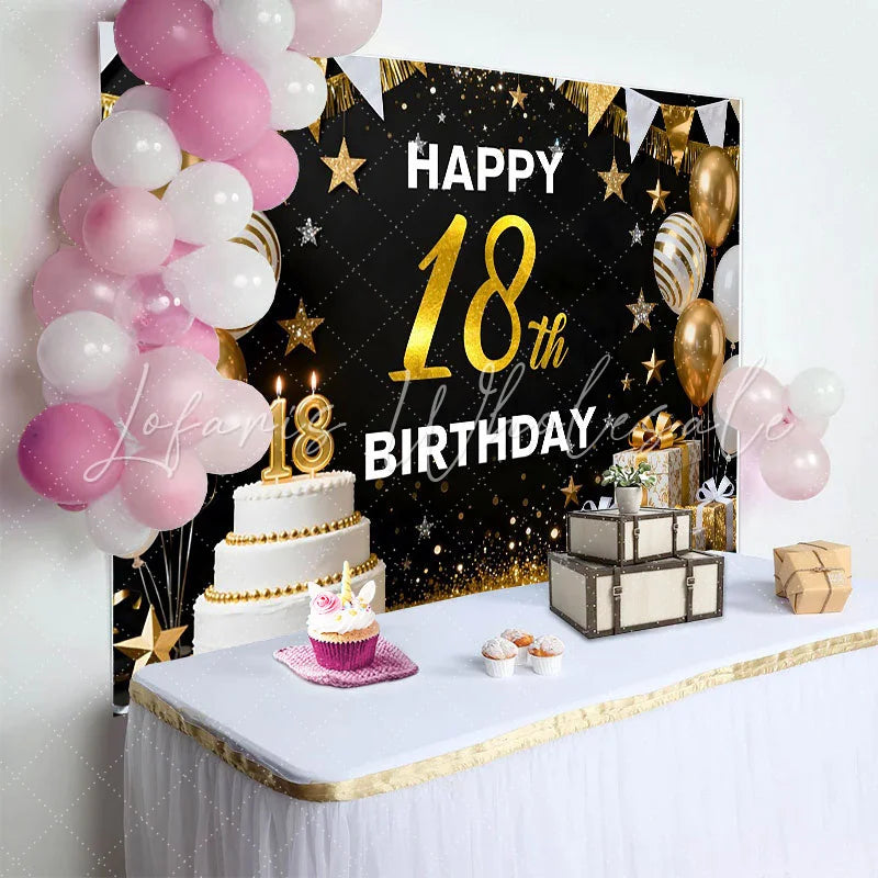 Lofaris Gold 18th Happy Birthday Backdrop White Cake and Gold Balloons Background Elegant Milestone Anniversary