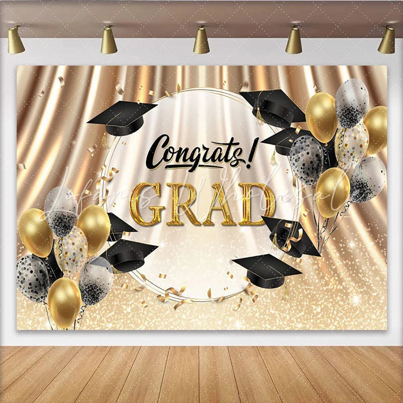 Lofaris Gold and Black Graduation Backdrop with Congrats Grad Text Sparkling Balloons and Confetti Photo Booth Background