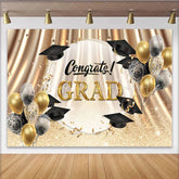 Lofaris Gold and Black Graduation Backdrop with Congrats Grad Text Sparkling Balloons and Confetti Photo Booth Background