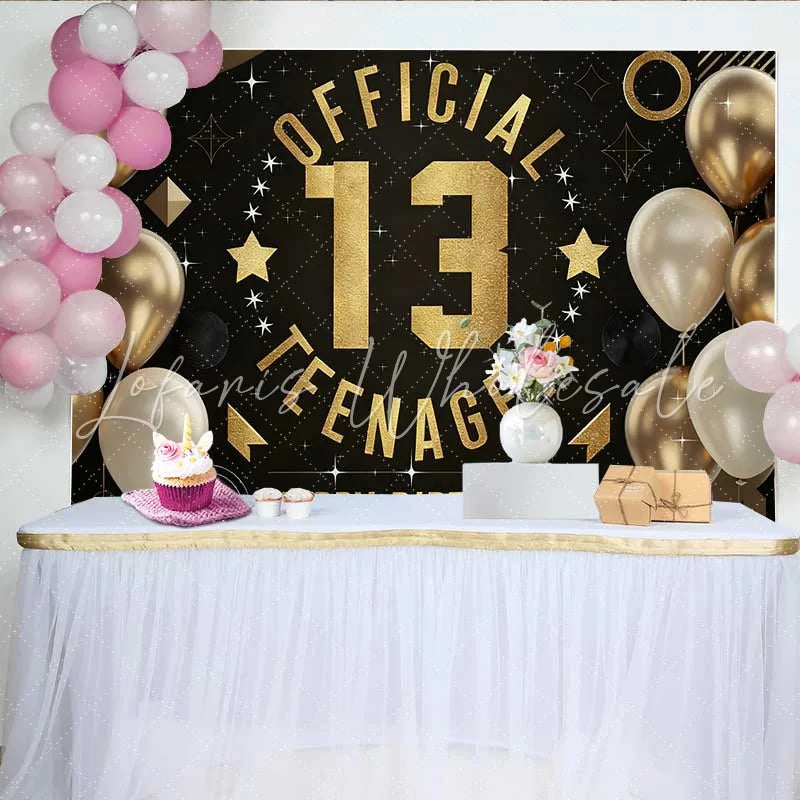 Lofaris Gold and Black Official Teenager 13th Birthday Backdrop Modern Graphic 13 Milestone Party Decor