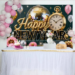 Lofaris Gold and Silver Happy New Year Party Backdrop with Disco Ball Clock and Balloons for Festive Celebration
