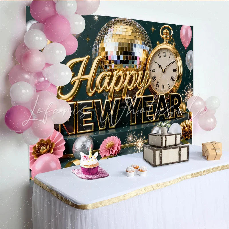 Lofaris Gold and Silver Happy New Year Party Backdrop with Disco Ball Clock and Balloons for Festive Celebration