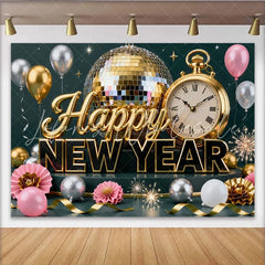 Lofaris Gold and Silver Happy New Year Party Backdrop with Disco Ball Clock and Balloons for Festive Celebration
