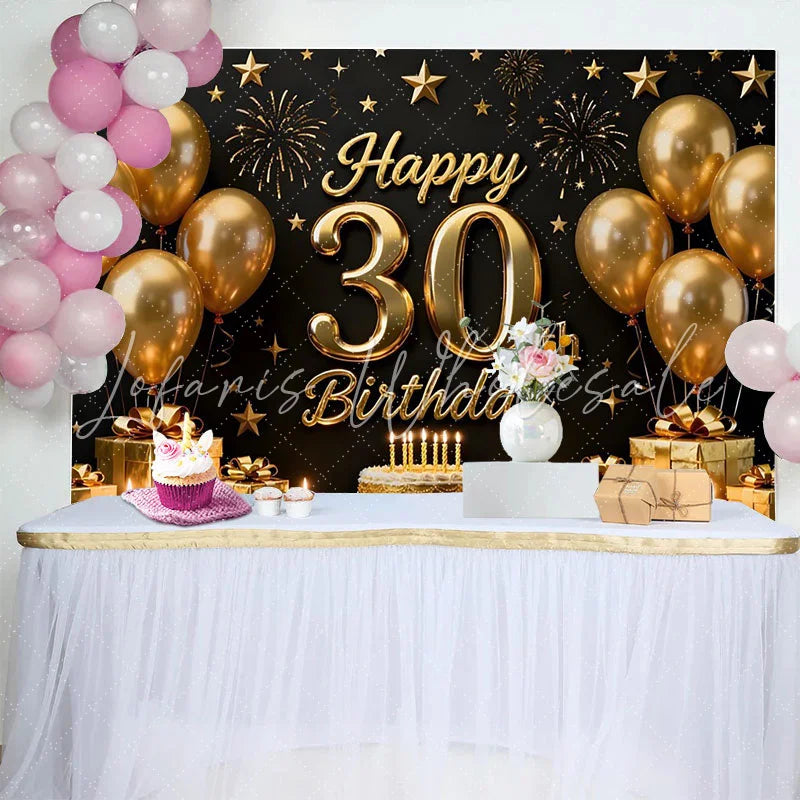 Lofaris Gold Balloons 30th Happy Birthday Backdrop Black Background Cake Gifts Stars Party Photography Decor