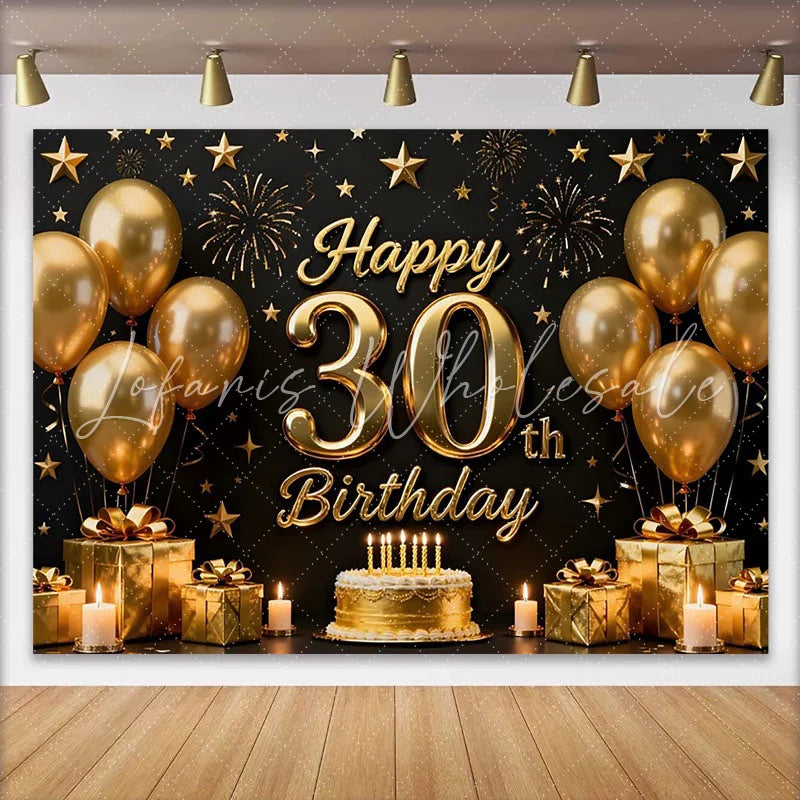Lofaris Gold Balloons 30th Happy Birthday Backdrop Black Background Cake Gifts Stars Party Photography Decor