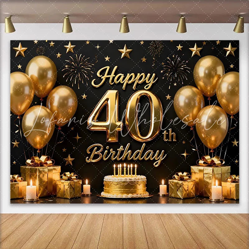 Lofaris Gold Balloons 40th Happy Birthday Backdrop Black Background Cake Gifts Stars Party Photography Decor