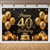 Lofaris Gold Balloons 40th Happy Birthday Backdrop Black Background Cake Gifts Stars Party Photography Decor