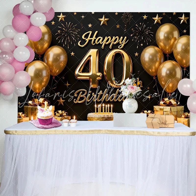 Lofaris Gold Balloons 40th Happy Birthday Backdrop Black Background Cake Gifts Stars Party Photography Decor