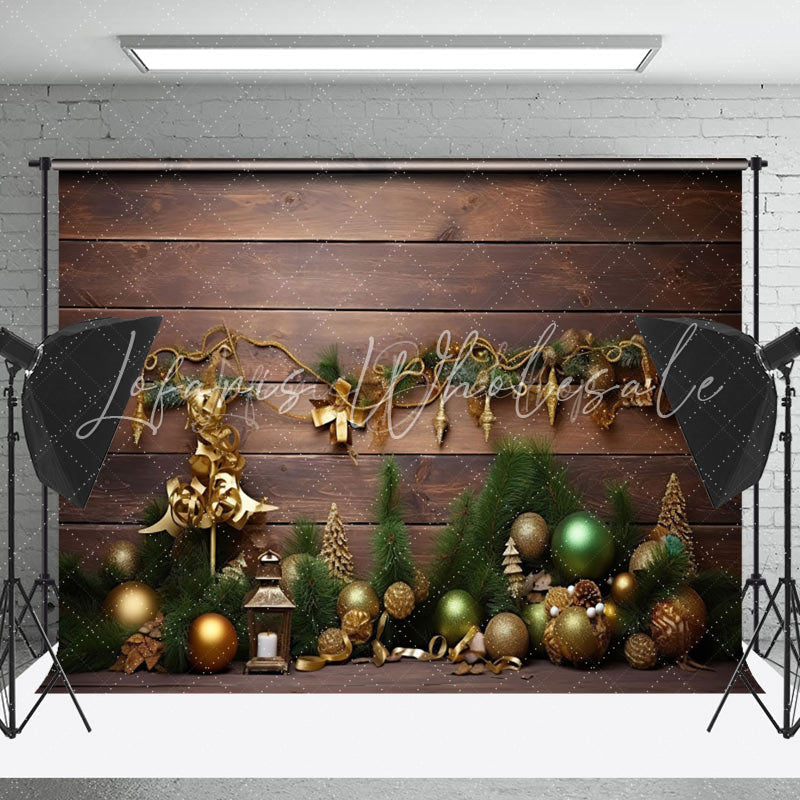 Lofaris Gold Bells Pine Leaves Brown Wood Christmas Backdrop
