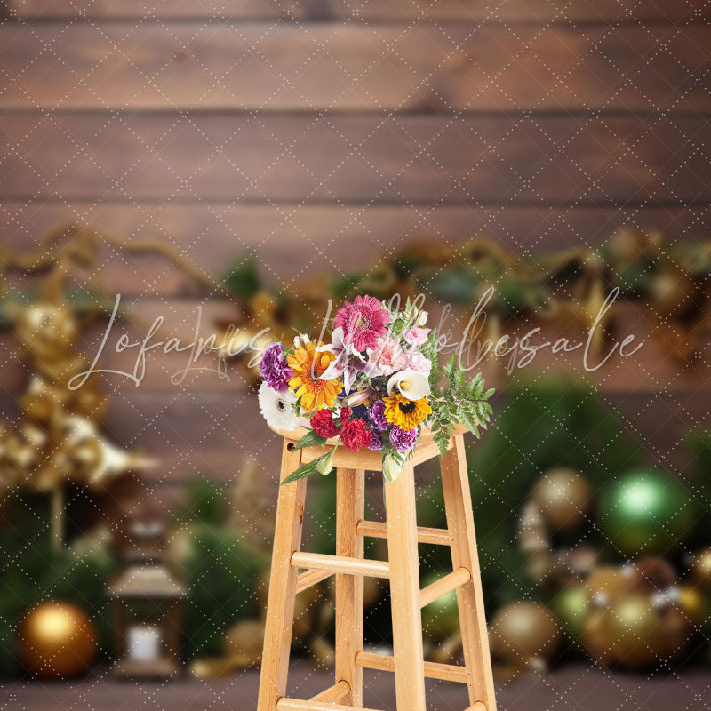 Lofaris Gold Bells Pine Leaves Brown Wood Christmas Backdrop