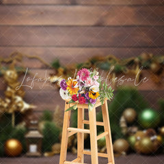 Lofaris Gold Bells Pine Leaves Brown Wood Christmas Backdrop