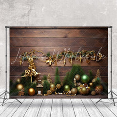 Lofaris Gold Bells Pine Leaves Brown Wood Christmas Backdrop