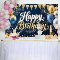 Lofaris Gold Blue Glitter Happy Birthday Backdrop with Balloons and Champagne Elegant Party Decoration Background for Photography
