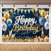 Lofaris Gold Blue Glitter Happy Birthday Backdrop with Balloons and Champagne Elegant Party Decoration Background for Photography