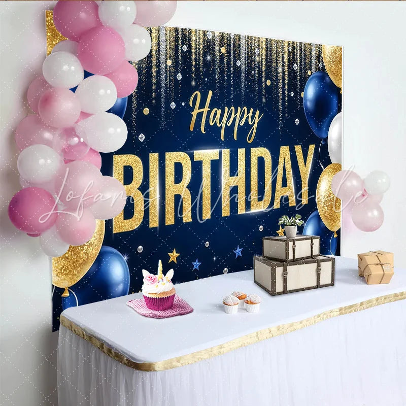 Lofaris Gold Blue Glitter Happy Birthday Backdrop with Balloons and Stars Elegant Party Decoration Background for Photo Booth Props