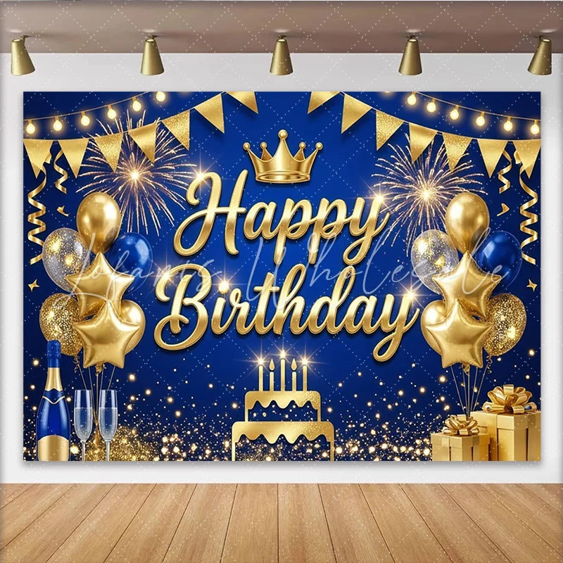 Lofaris Gold Blue Happy Birthday Backdrop with Crown and Balloons Elegant Party Decoration Photo Booth Background for Celebration