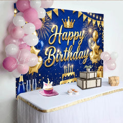 Lofaris Gold Blue Happy Birthday Backdrop with Crown and Balloons Elegant Party Decoration Photo Booth Background for Celebration