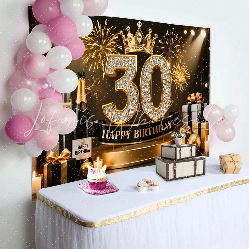 Lofaris Gold Crown 30th Happy Birthday Backdrop Champagne Gifts Diamond Number Black Gold Party Background