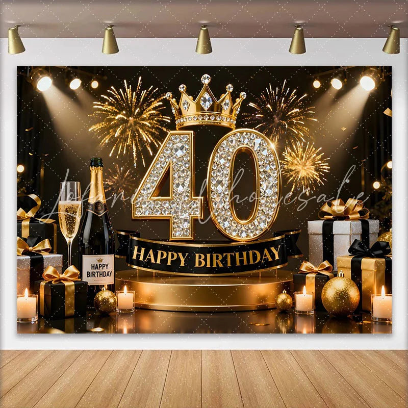 Lofaris Gold Crown 40th Happy Birthday Backdrop Champagne Gifts Diamond Number Black Gold Party Background