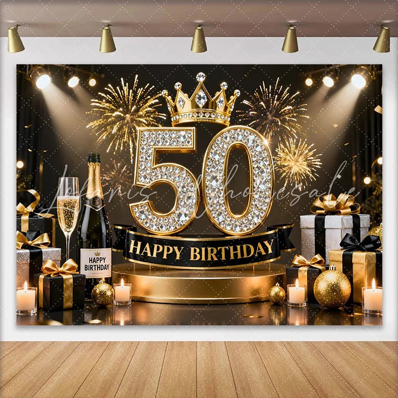 Lofaris Gold Crown 50th Happy Birthday Backdrop Champagne Gifts Diamond Number Black Gold Party Background