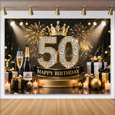 Lofaris Gold Crown 50th Happy Birthday Backdrop Champagne Gifts Diamond Number Black Gold Party Background