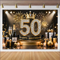 Lofaris Gold Crown 50th Happy Birthday Backdrop Champagne Gifts Diamond Number Black Gold Party Background
