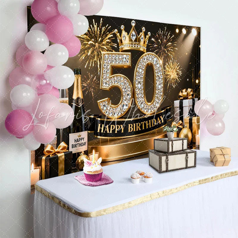 Lofaris Gold Crown 50th Happy Birthday Backdrop Champagne Gifts Diamond Number Black Gold Party Background