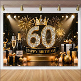 Lofaris Gold Crown 60th Happy Birthday Backdrop Champagne Gifts Diamond Number Black and Gold Party Photography Background Decor