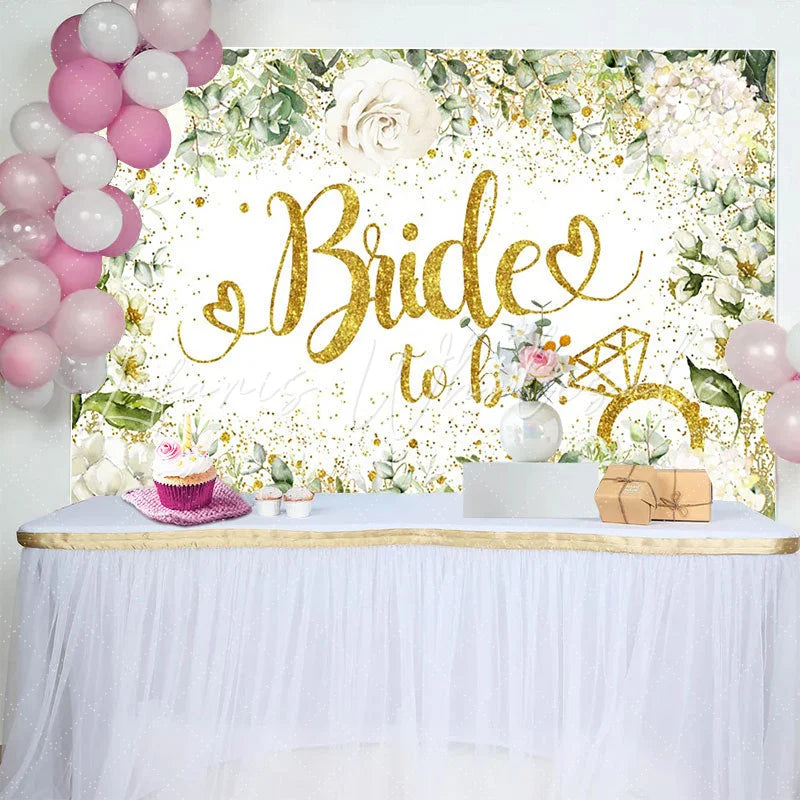 Lofaris Gold Glitter Bride to Be Backdrop White Floral and Eucalyptus Background for Wedding Bridal Shower