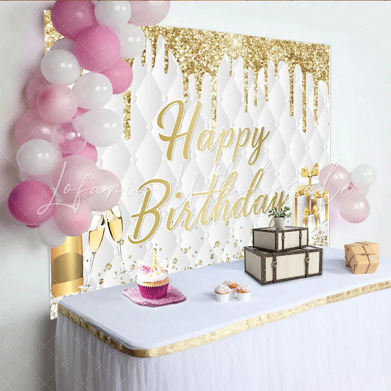 Lofaris Gold Glitter Happy Birthday Backdrop with Champagne and Gifts Elegant Quilted Party Decor for Photoshoot