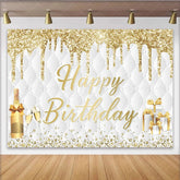 Lofaris Gold Glitter Happy Birthday Backdrop with Champagne and Gifts Elegant Quilted Party Decor for Photoshoot