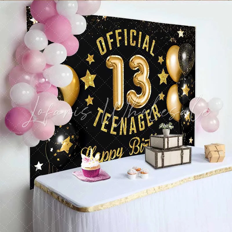 Lofaris Gold Glitter Official 13 Teenager Backdrop Black and Gold 13th Birthday Milestone Party Decoration