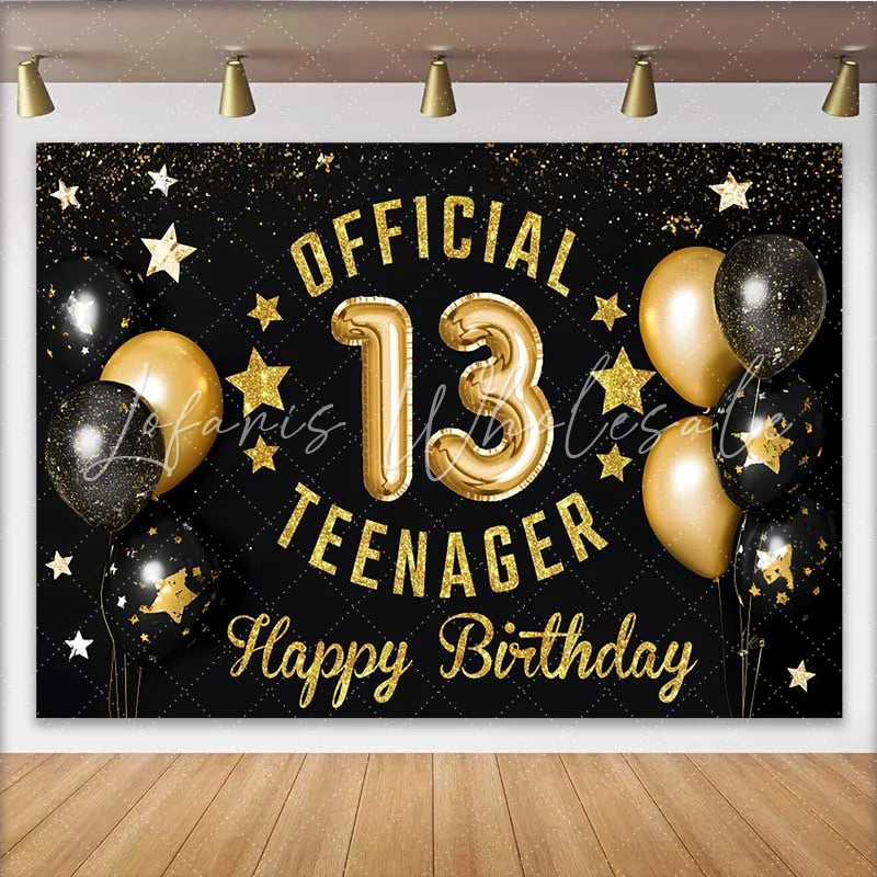 Lofaris Gold Glitter Official 13 Teenager Backdrop Black and Gold 13th Birthday Milestone Party Decoration