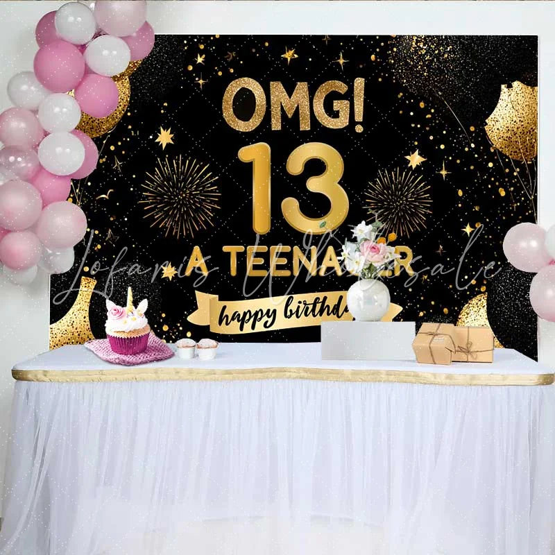 Lofaris Gold Glitter OMG 13th Birthday Backdrop 13 A Teenager Milestone Party Decoration