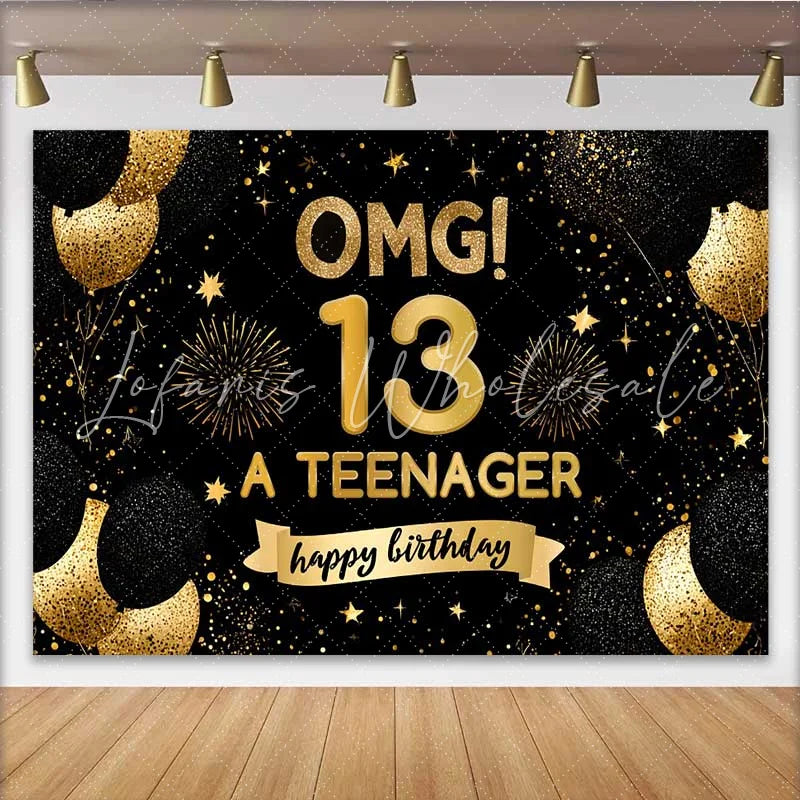 Lofaris Gold Glitter OMG 13th Birthday Backdrop 13 A Teenager Milestone Party Decoration
