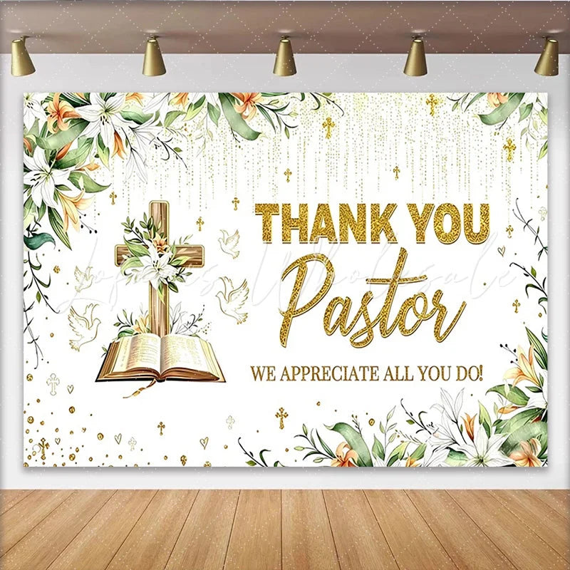 Lofaris Gold Glitter Thank You Pastor Backdrop with Cross and Lilies Religious Appreciation Event Background for Church Decor.