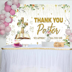 Lofaris Gold Glitter Thank You Pastor Backdrop with Cross and Lilies Religious Appreciation Event Background for Church Decor.