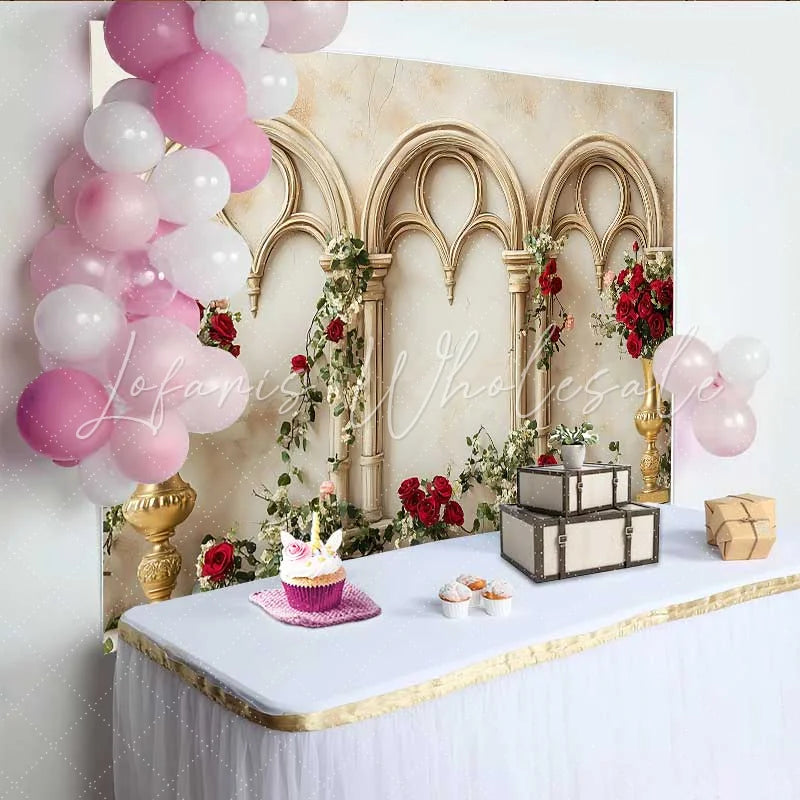 Lofaris Gold Gothic Arch Red Rose Backdrop Floral Vase Wedding Background Valentines Day Photography Prop