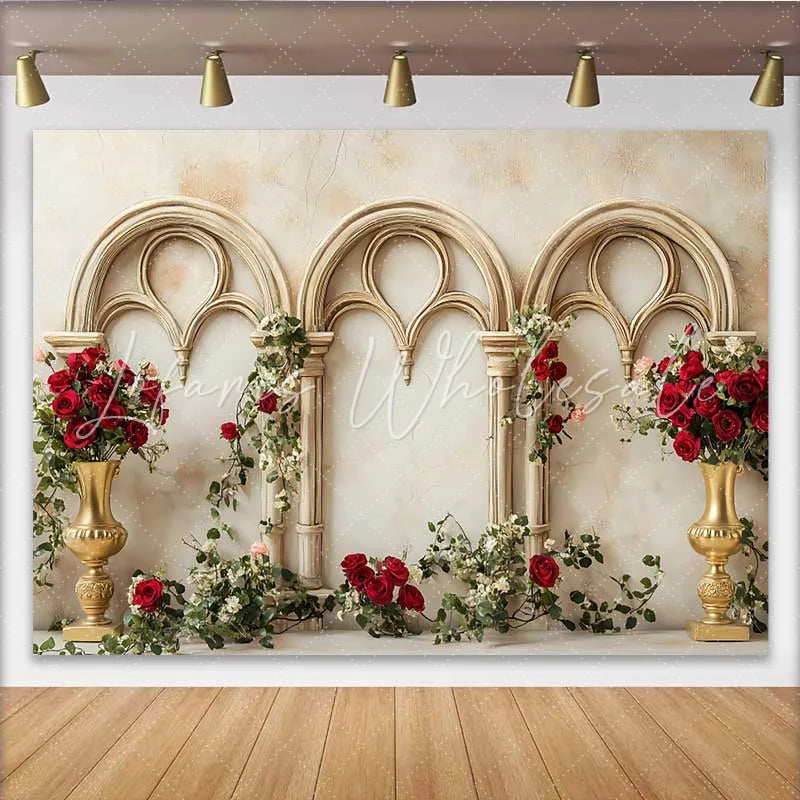 Lofaris Gold Gothic Arch Red Rose Backdrop Floral Vase Wedding Background Valentines Day Photography Prop