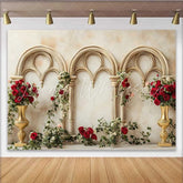 Lofaris Gold Gothic Arch Red Rose Backdrop Floral Vase Wedding Background Valentines Day Photography Prop