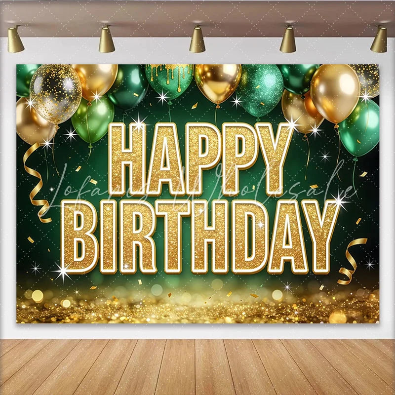 Lofaris Gold Green Glitter Birthday Backdrop with Balloons for Party Decoration Festive Sparkling Photo Booth Background for Photoshoot