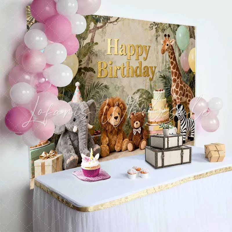 Lofaris Gold Happy Birthday Jungle Safari Animal Backdrop featuring Elephant Lion and Giraffe Kids Party Decor
