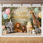 Lofaris Gold Happy Birthday Jungle Safari Animal Backdrop featuring Elephant Lion and Giraffe Kids Party Decor