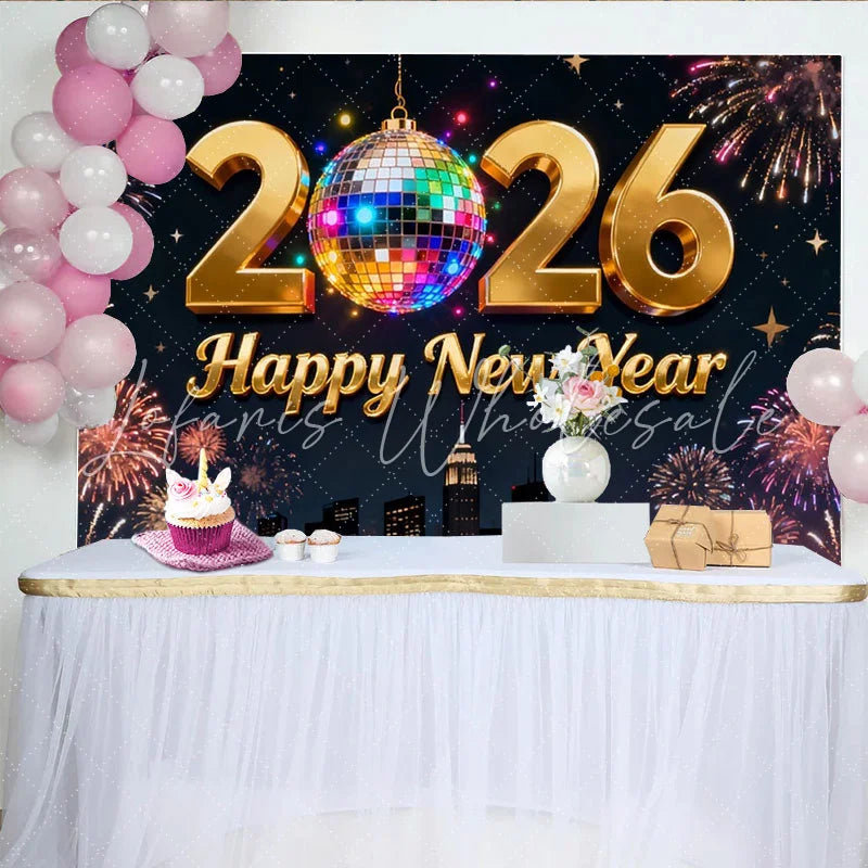 Lofaris Golden 2026 Happy New Year Party Backdrop with Disco Ball and Fireworks New Year’s Eve Celebration Decor