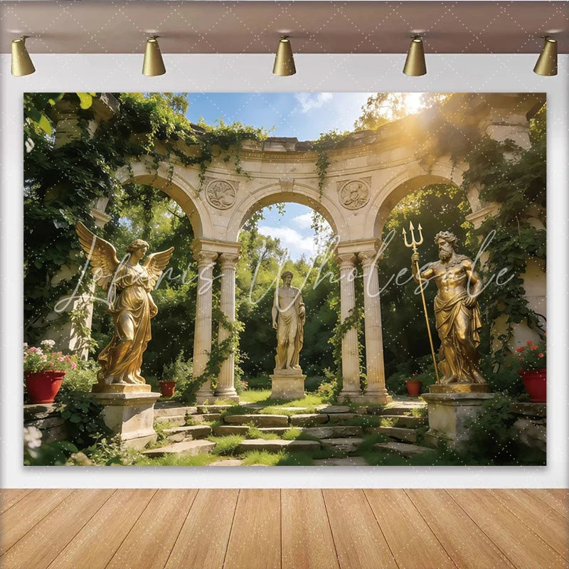 Lofaris Golden Angel and Neptune Statues Garden Photography Backdrop with Stone Arches Lush Greenery Background for Artistic Photoshoot